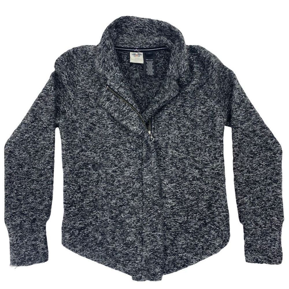 Harley Davidson Womens Biker Cardigan Sweater Black Marled Notch Lapel Zipper XS